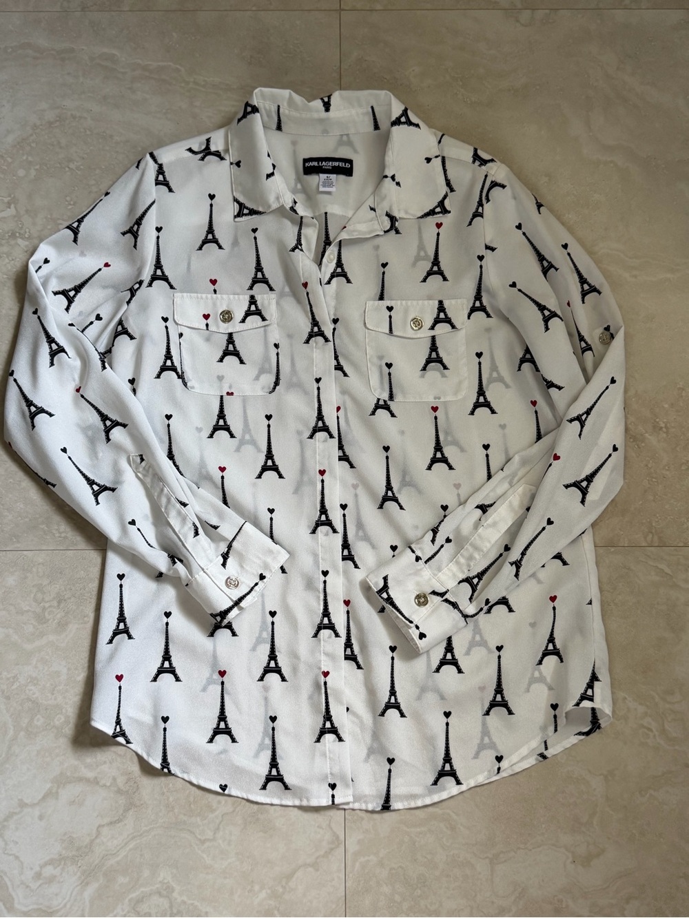 Karl Lagerfeld White Blouse with Black Eiffel Tower and Red Heart Print